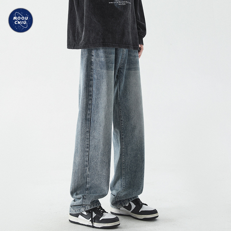 沐丘男装∣加绒加厚新塘牛仔裤男潮牌宽松直筒复古美式高街阔腿裤