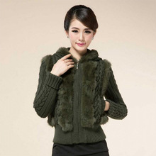 兔毛皮草外套女装2025海宁春秋新款连帽短款针织长袖毛衣加大码