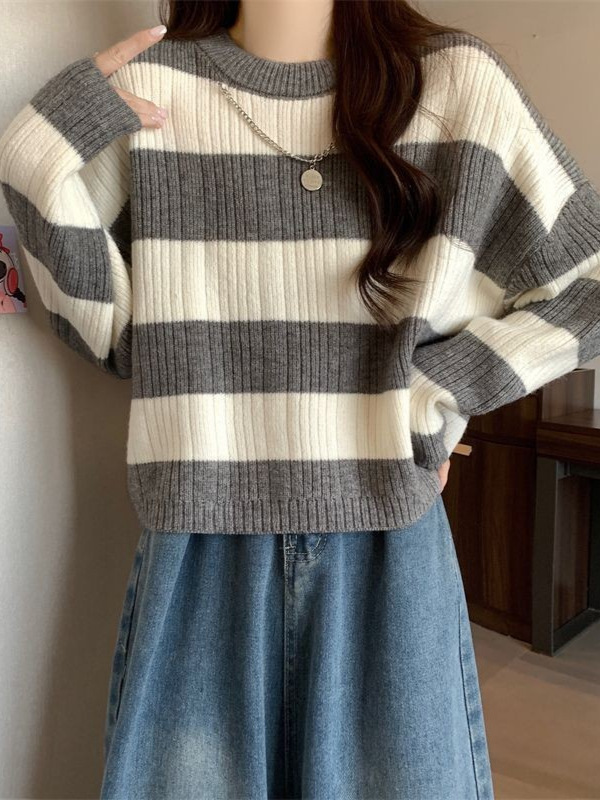 韩系撞色圆领条纹长袖针织衫女秋冬季显瘦宽松套头短款打底衫上衣|undefined