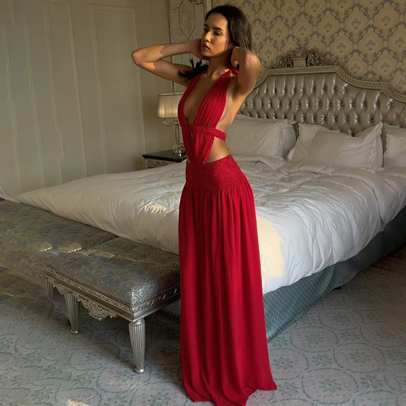 European and American Style Cross-Border Flared Dress 2026 Summer New Lace-Up Halter Neck Backless Sexy Lace Patchwork Dress