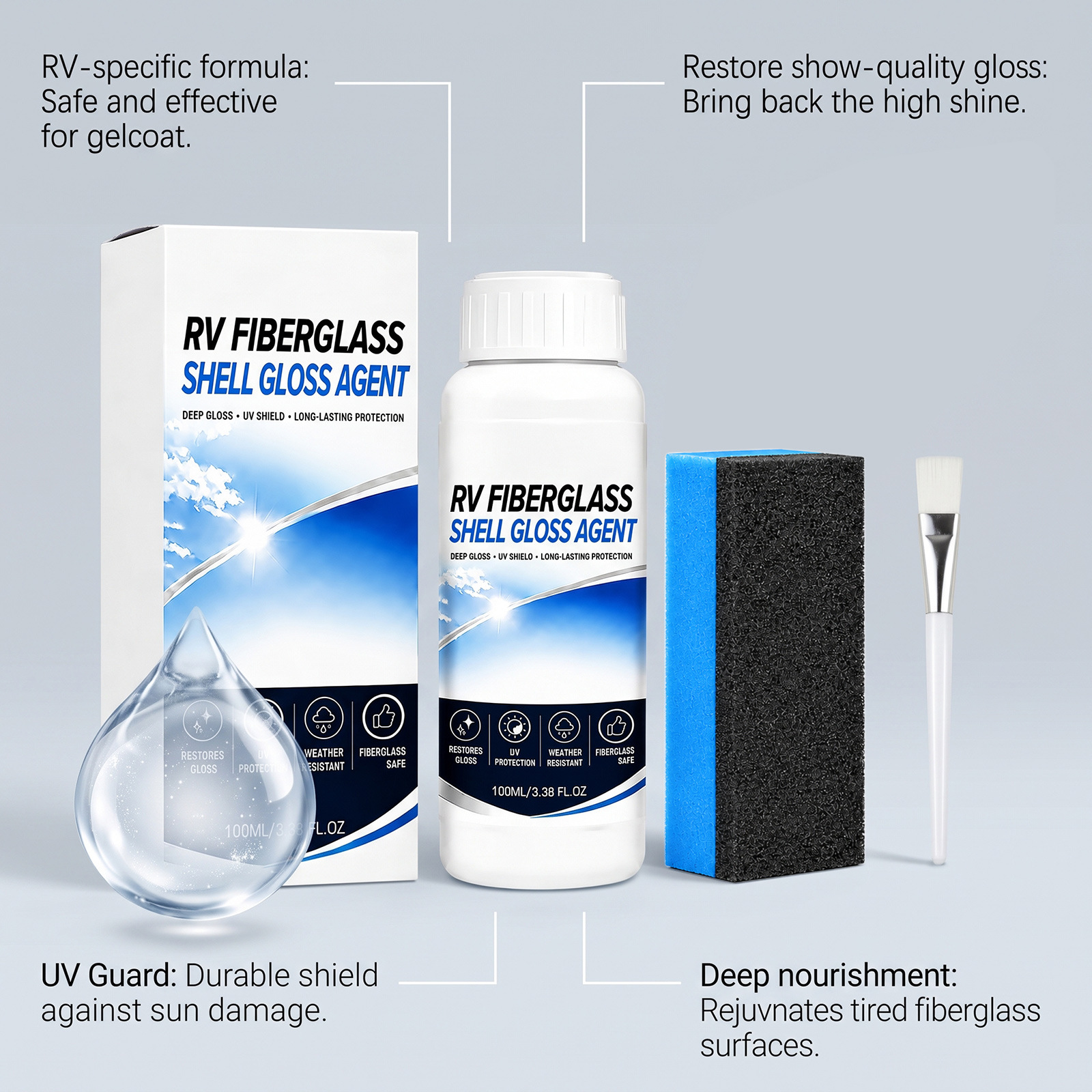 RV fiberglass exterior polish: RV body glass cleaner, polisher, brightener, and protective coating for maintenance