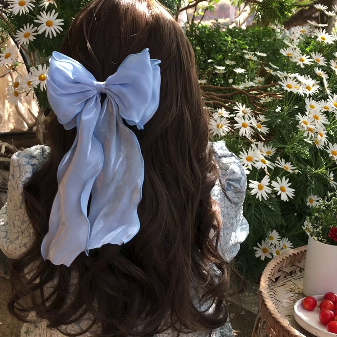 人魚姬藍色+杏色髮夾~bling細閃大蝴蝶結頂夾後腦勺氣質髮飾女潮