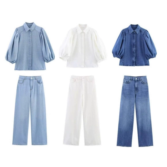 Трансграничная европейская и американская мода AliExpress, популярная универсальная джинсовая рубашка с воротником-поло и пышными рукавами + комплект брюк