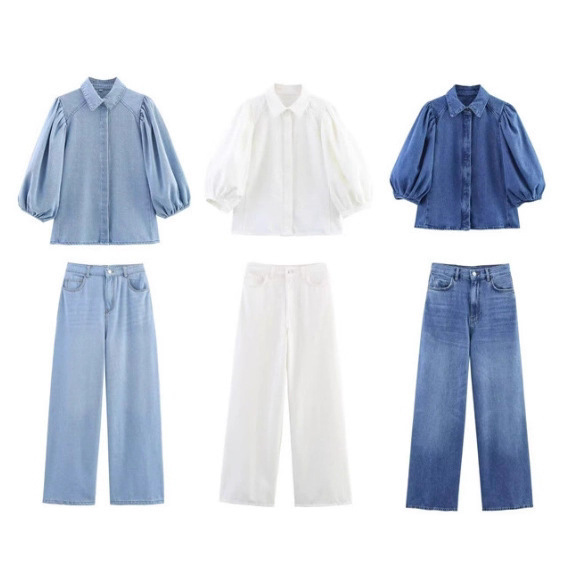 Cross-Border European and American Fashion Aliexpress Popular Versatile Denim Polo Collar Puff Sleeve Shirt + Pants Set