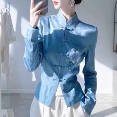新中式国风女装蓝色立领衬衫女早秋季气质小衫独特漂唐装盘扣上衣