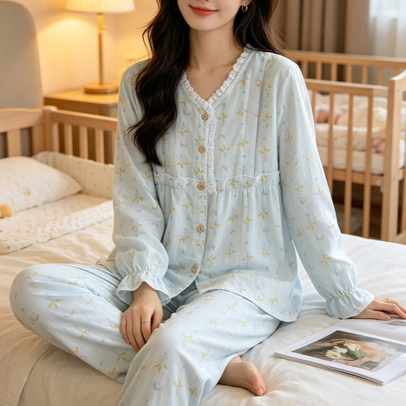Maternity Pajamas Made of Pure Cotton Gauze, Summer Thin Style, All-Cotton, Sweat-Absorbent, Postpartum Nursing Loungewear Set
