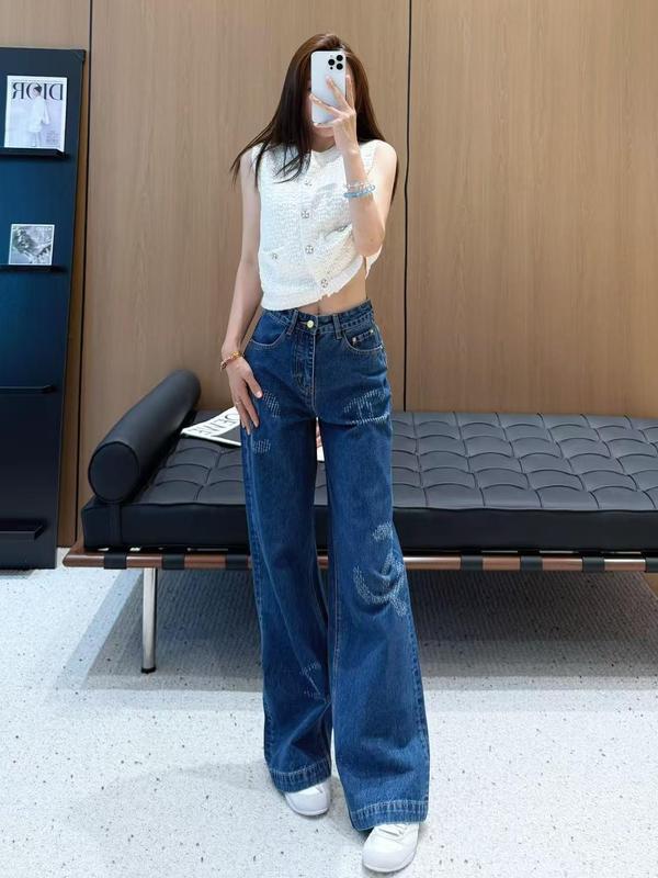港风复古做旧牛仔裤阔腿遮胯修腿型长裤南油女秋季垂感显瘦直筒裤|undefined