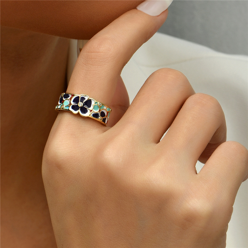 European And American Fashion Copper Micro-inlaid Zircon Jewelry New Oil Drop Flower Opening Ring Adjustable display picture 7