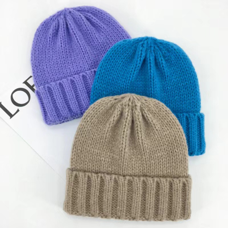 大头围纯色卷边毛线帽