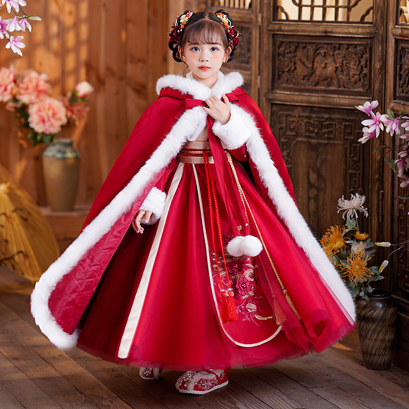 girls‘ han chinese costume festive autumn and winter new year clothes children thickened fleece-lined thermal and windproof cloak robe baby going out