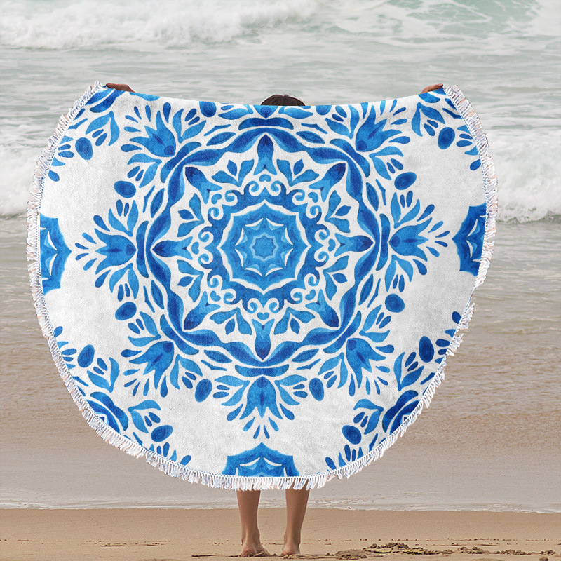Toalla de playa redonda de microfibra impresión digital estilo nórdico ins suave absorción de agua toalla de baño con estampado de borlas