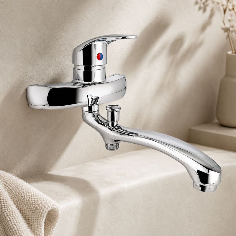 Wall-mounted hot and cold bathtub faucet, copper basin, sink, washbasin, long spout single handle mixer valve, shower faucet
