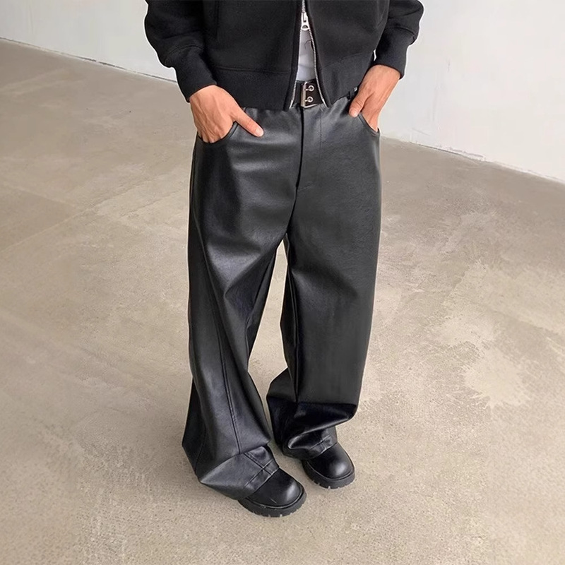 American Retro Pu Leather Pants for Men, Loose and High-End Vibe Pants, Trendy Brand Splicing Wide-Leg Casual Pants