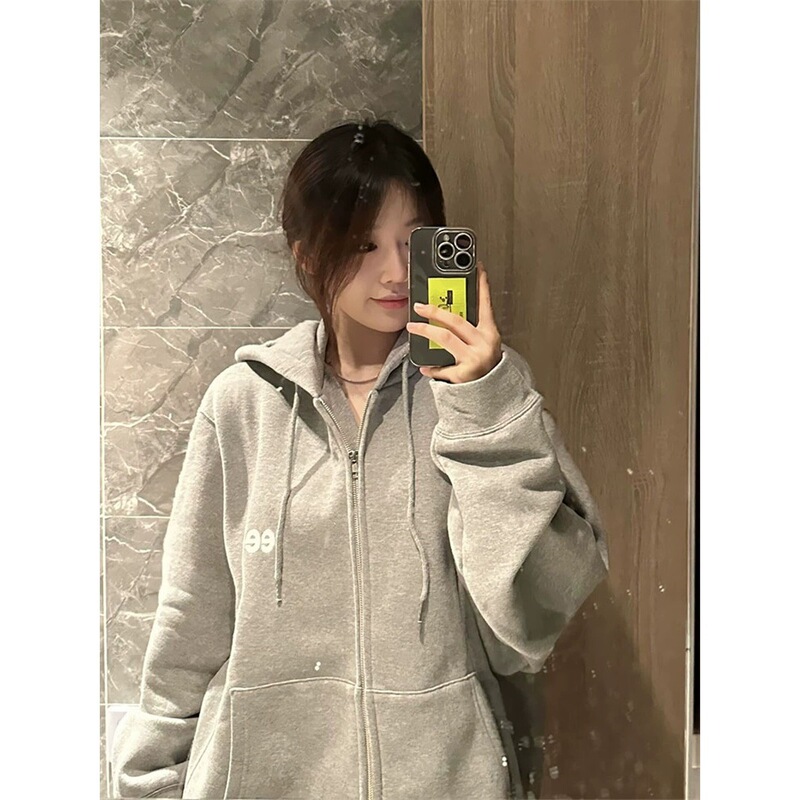 [Chinese Cotton Pure Cotton Brushed Original Version with Inner Drawstring] Floral Gray American Zipper Cardigan Hooded Sweatshirt Southeast Asia