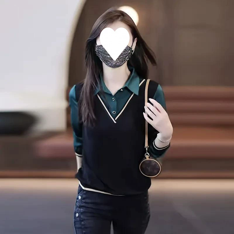 1093 Поддельные две рубашки женская весна и осень 2025 новый топ с длинными рукавами дизайн темперамент повседневная рубашка