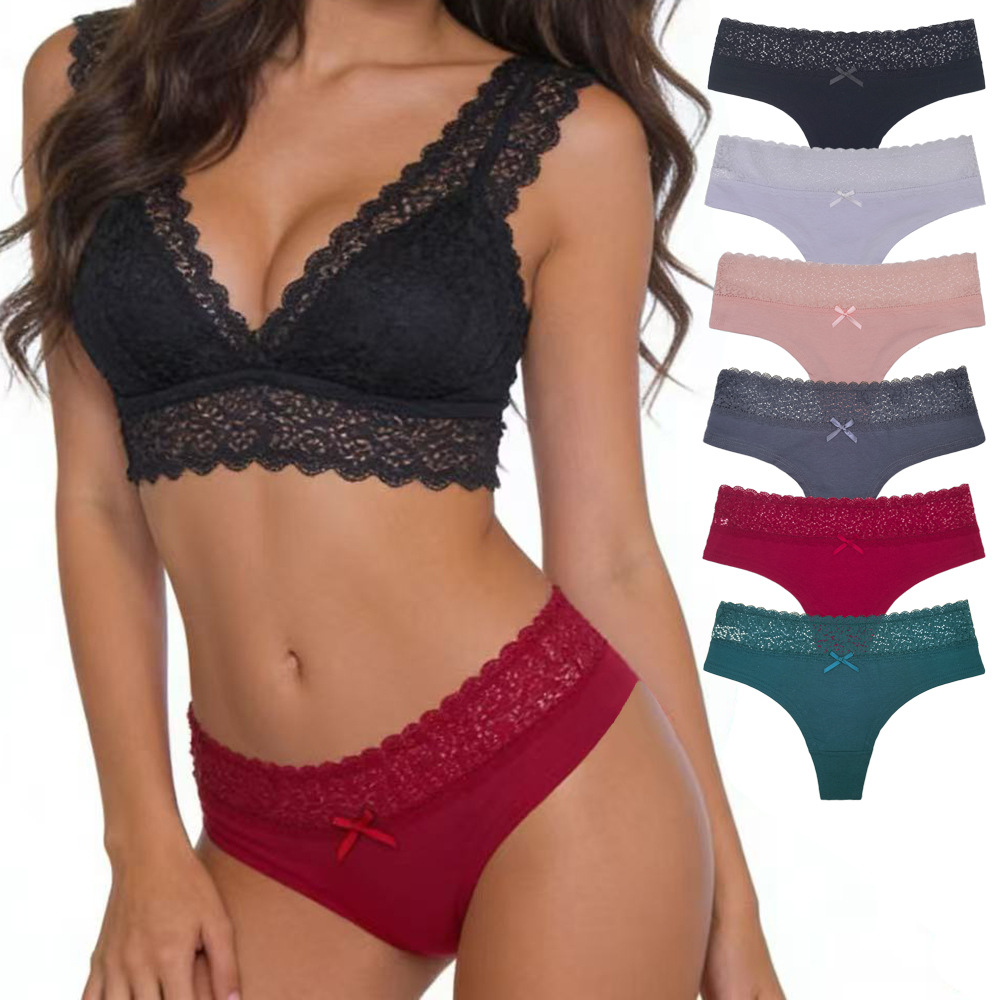 Cross-border Xiyin foreign trade women's panties European size sexy cotton lace trim solid color women's thong panties