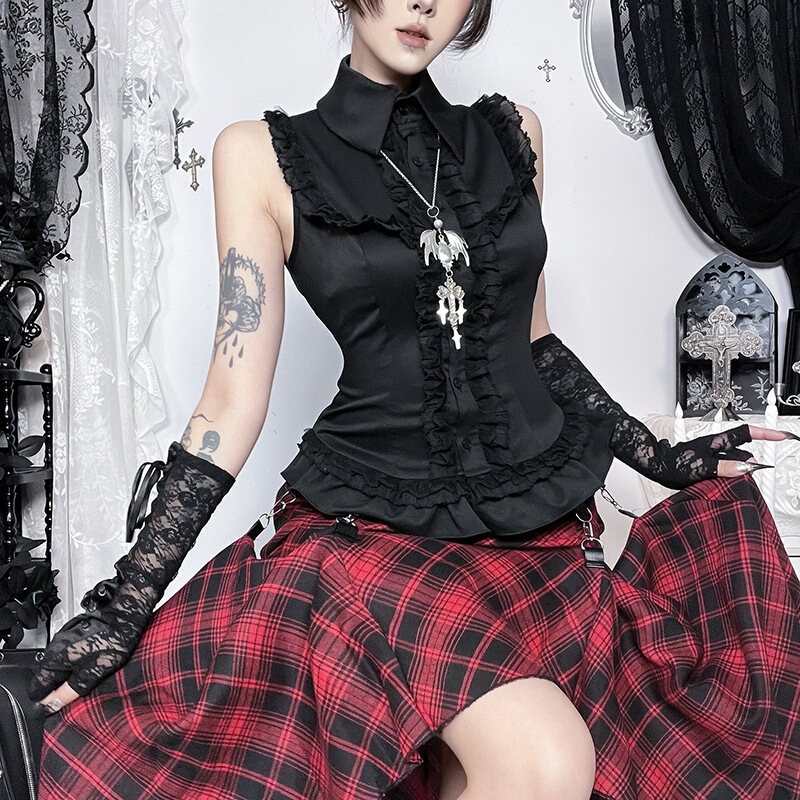 Cf26032 Cross-Border Dark Gothic Style Sleeveless Shirt with Ruffled Edges, Cinched Waist, and Ruffled Hem, Slim Fit Gothic Style Shirt Vest Cf26032 Cross-Border Dark Gothic Style Sleeveless Shirt with Ruffled Edges, Cinched Waist, and Ruffled Hem, Slim Fit Gothic Style Shirt Vest