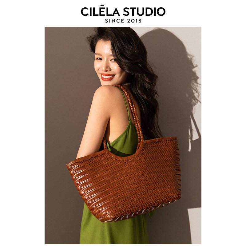 Hand-Woven Genuine Leather Basket Bag, Large Capacity Tote Handbag & Shoulder Bag For Women, Summer Vacation Underarm Bag - Thumbnail 2