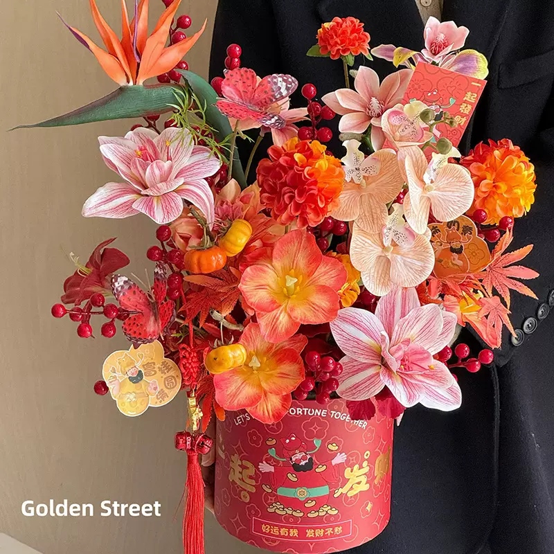 2025四喜财神抱抱桶新年福桶年宵花鲜花束插花桶手工花艺礼品包装