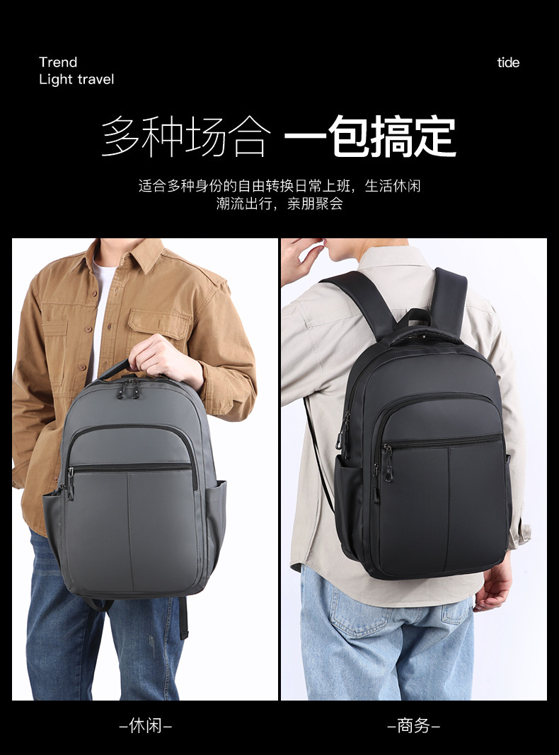 Cross-border business backpack, men's commuting and office computer bag, water-resistant double backpack, lightweight and large-capacity student schoolbag details Picture