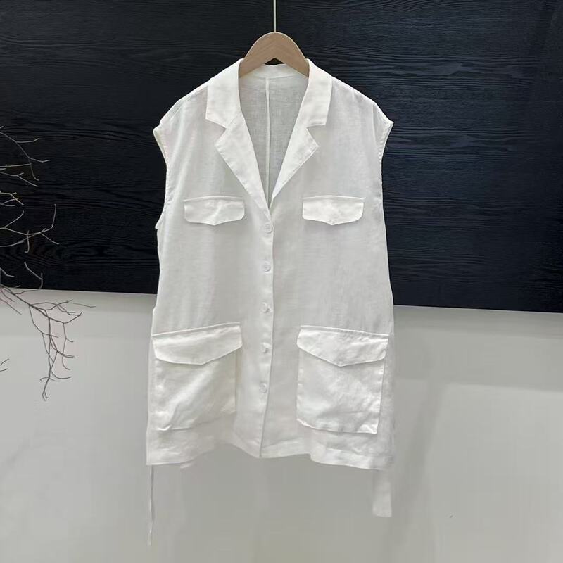 Korean Style Lapel Loose Linen Sleeveless Shirt with Belt Summer New Women's Design Sense Foreign Style All-match Top Trendy
