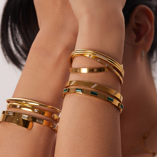 European and American ins retro titanium steel open gold bracelet non-fading stainless steel bracelet women's high-end zircon bracelet