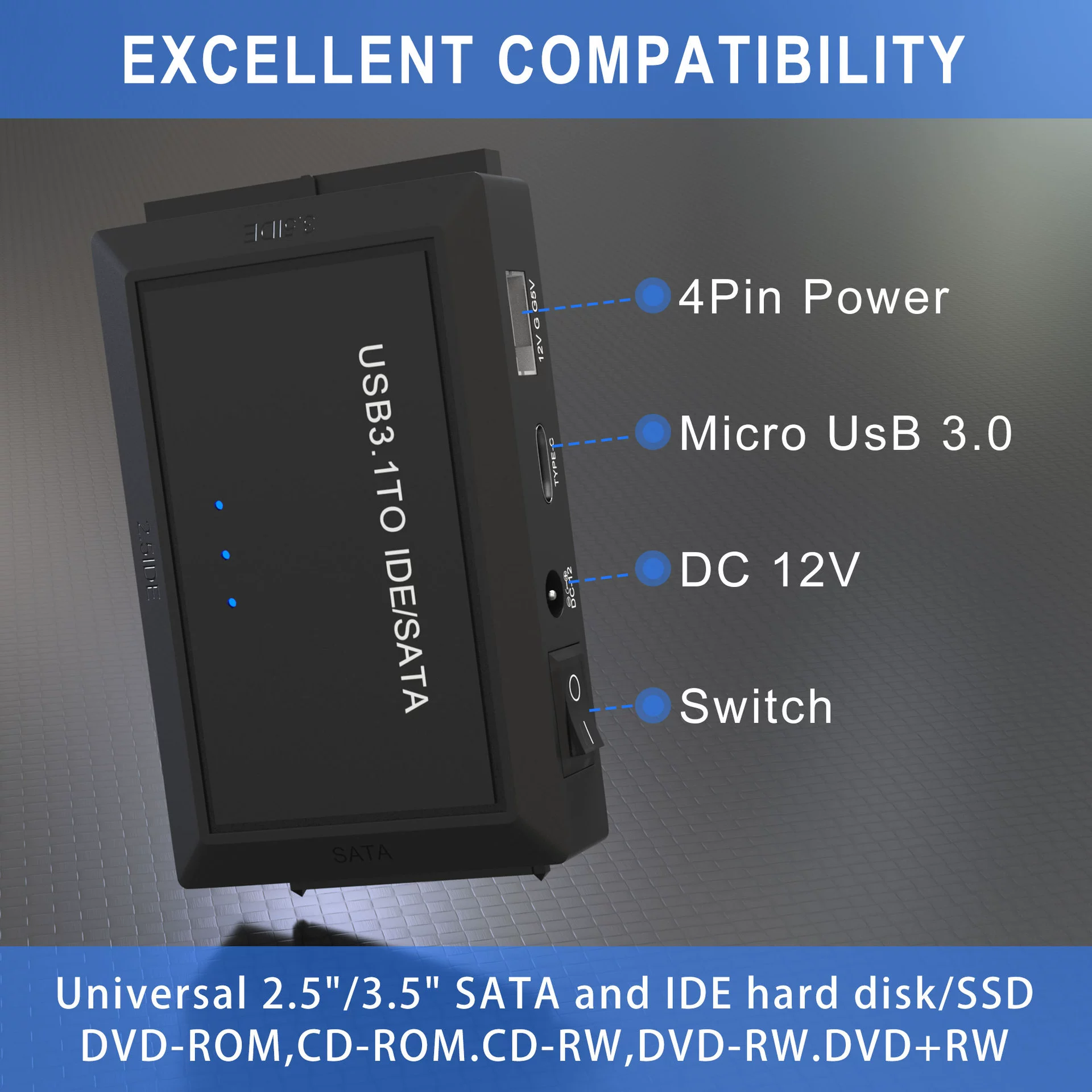 USB 3.1 на IDE/SATA адаптер Type-C для 2.5/3.5" жёстких дисков, простой кабель для подключения диска