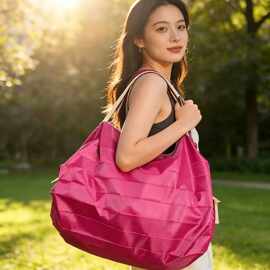 可折叠纯色加LOG印字购物袋便携单肩手提袋大容量环保旅行风琴包