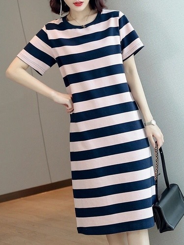 Striped Dress 2025 Summer Korean Style Loose and Slimming Medium Length Knee-Length Short Sleeve Top for Women