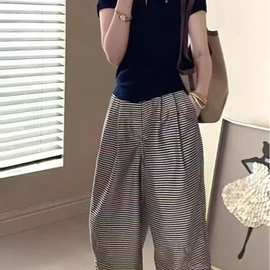 夏季新款天丝黑白千鸟格九分款百搭休闲裤阔腿裤22