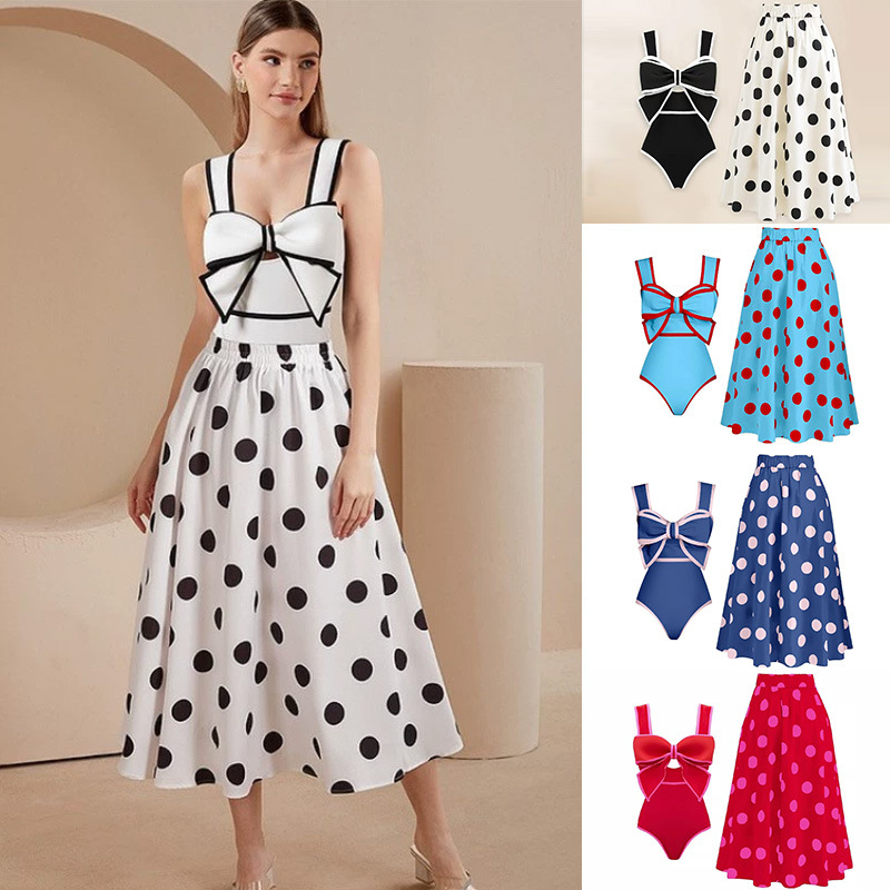 Falda redonda retro con lazo del sudeste asiático, comercio exterior europeo y americano, una pieza, cobertura conservadora del vientre, falda sexy, traje de baño de playa