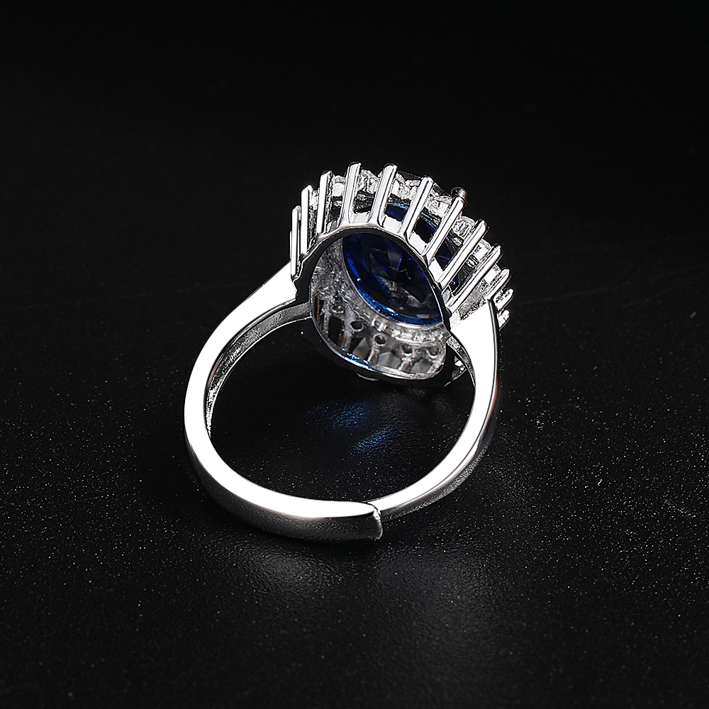 Heart Ring With Blue Gemstone And Zircon Open Adjustable Design_voghion.com