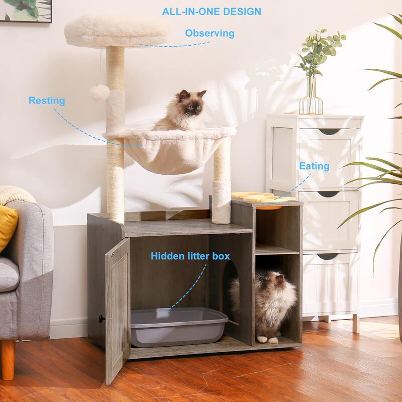 All-In-One Cat Tower with XL Litter Box Enclosure for Indoor Cats, Featuring a Large Hammock, Food Station, and Scratching Post All-In-One Cat Tower with XL Litter Box Enclosure for Indoor Cats, Featuring a Large Hammock, Food Station, and Scratching Post