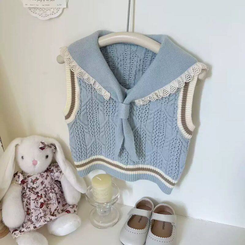 Girls' Vest Spring and Autumn New Sweet Navy Collar Sweater Children's Baby Knitted Vest