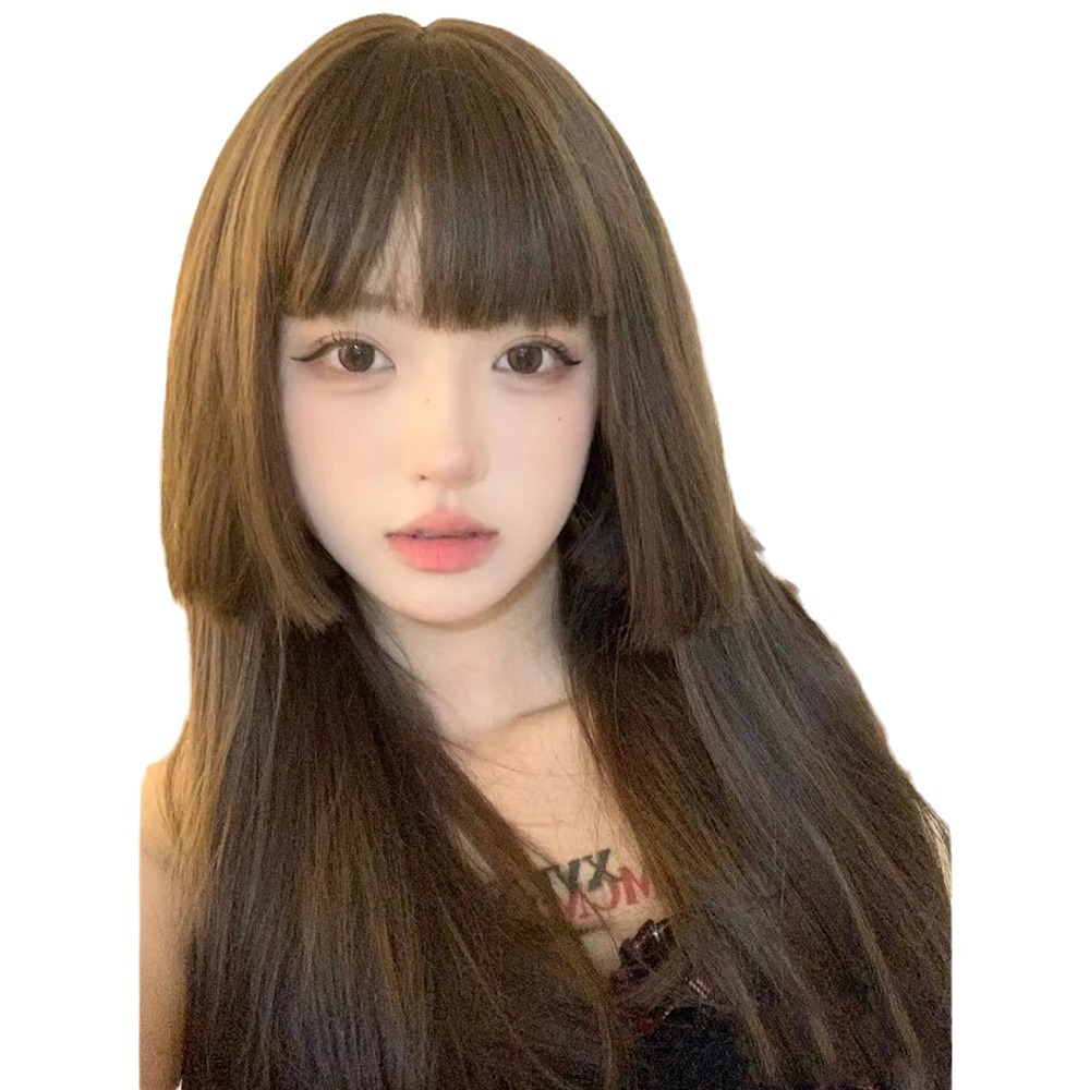 Xingcheng Wig Female Princess Cut Cold Brown Long Hair Summer Natural Simulation Sweet Aji Hair Long Straight Hair Full Head Cover