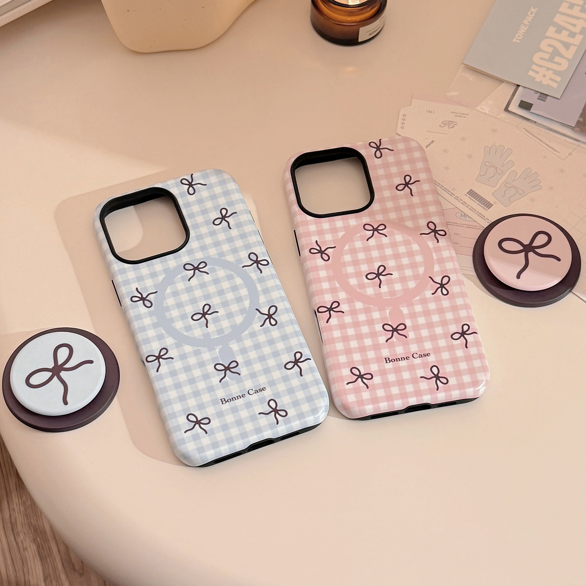 Magnetic Phone Case With Kickstand Plaid Bow Pattern For Iphone_voghion.com
