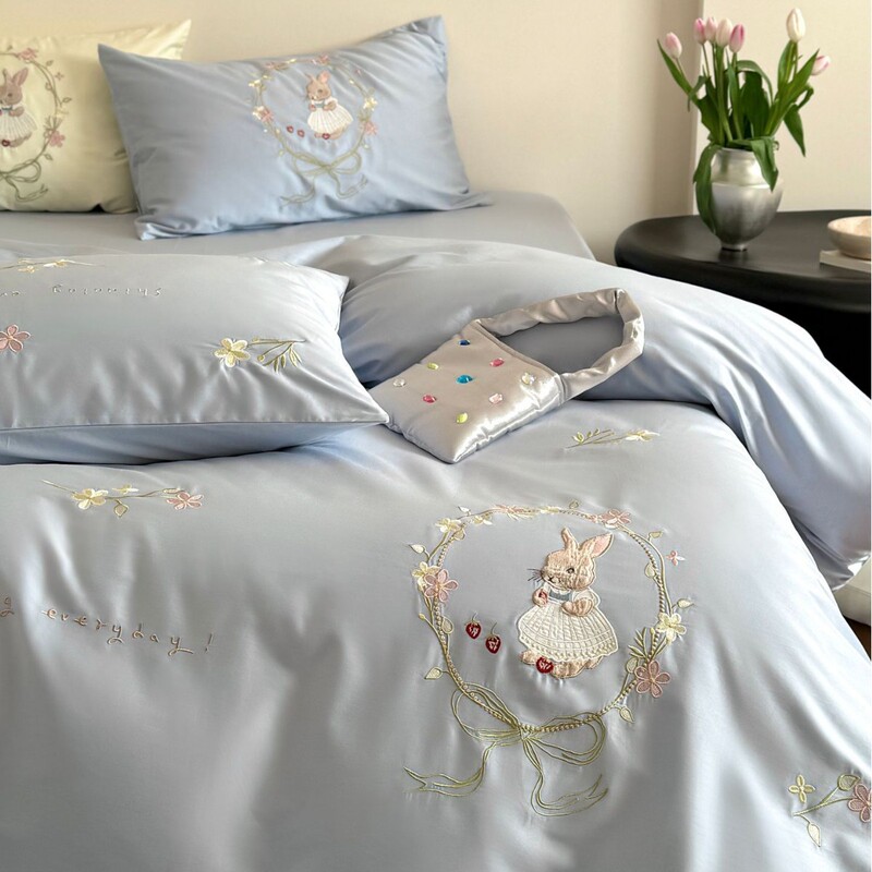 100 Xinjiang Long-staple Cotton Embroidered Three or Four-piece Set Cute Fairy Rabbit Cotton Bed Sheet Quilt Cover Bedding ins Style