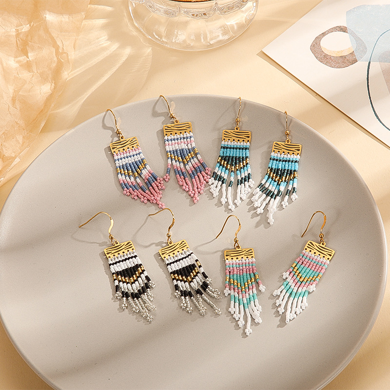 Retro Tassel Glass Titanium Steel Handmade Braid Drop Earrings 1 Pair