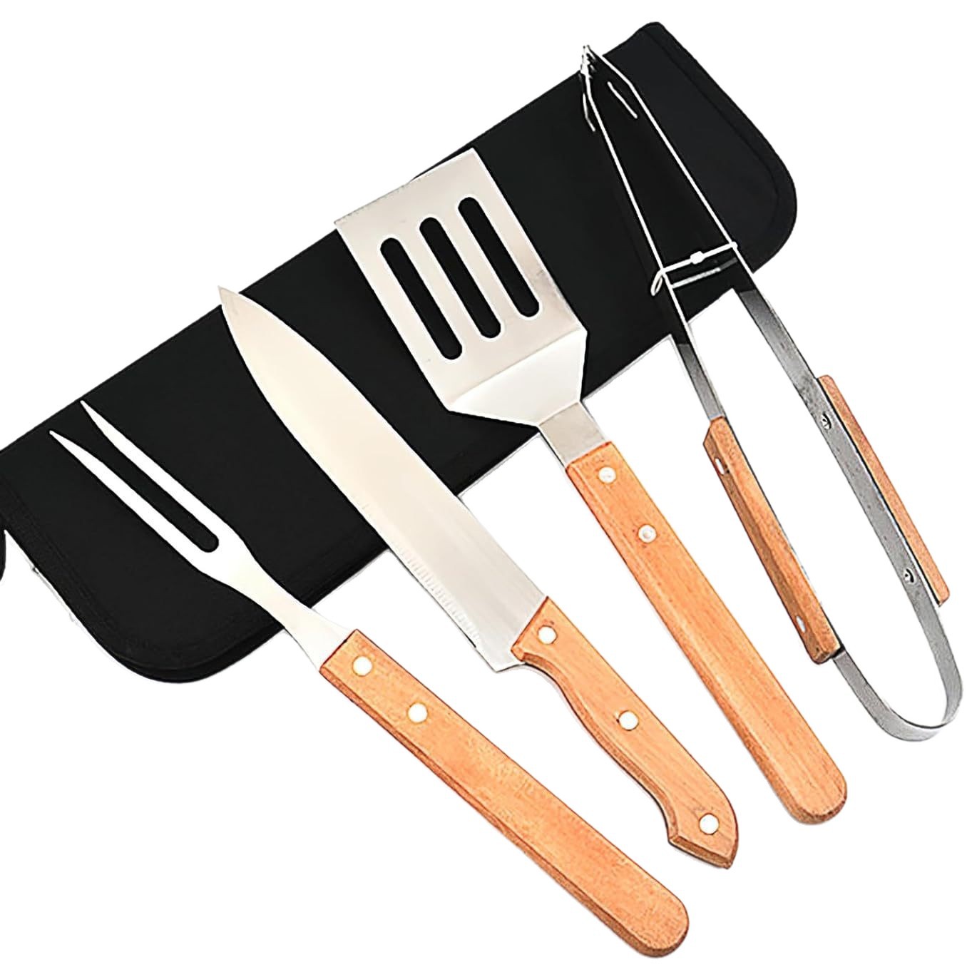Juego Portable de Utensilios para Barbacoa de Acero Inoxidable con Mango de Madera para Camping