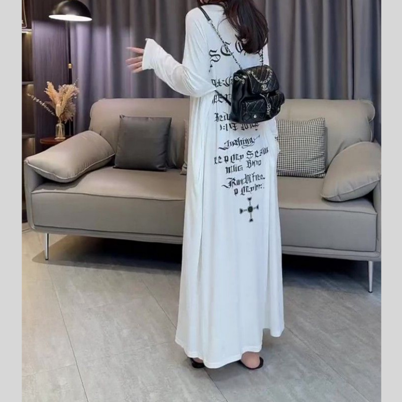 Women's Thin Long-Sleeve Dress for Tall Individuals, Ankle-Length Letter Print T-Shirt Dress, 2026 Stylish Extended Over-The-Knee Dress