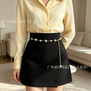 精致爱心仿珍珠与圆形闪钻金属腰链服饰腰带简约裤链连衣裙腰饰