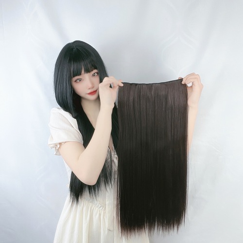 Wig for women with long hair, one-piece, four-card high-temperature wire hair extensions, cross-border foreign trade, black long straight wig, one-piece drop shipping