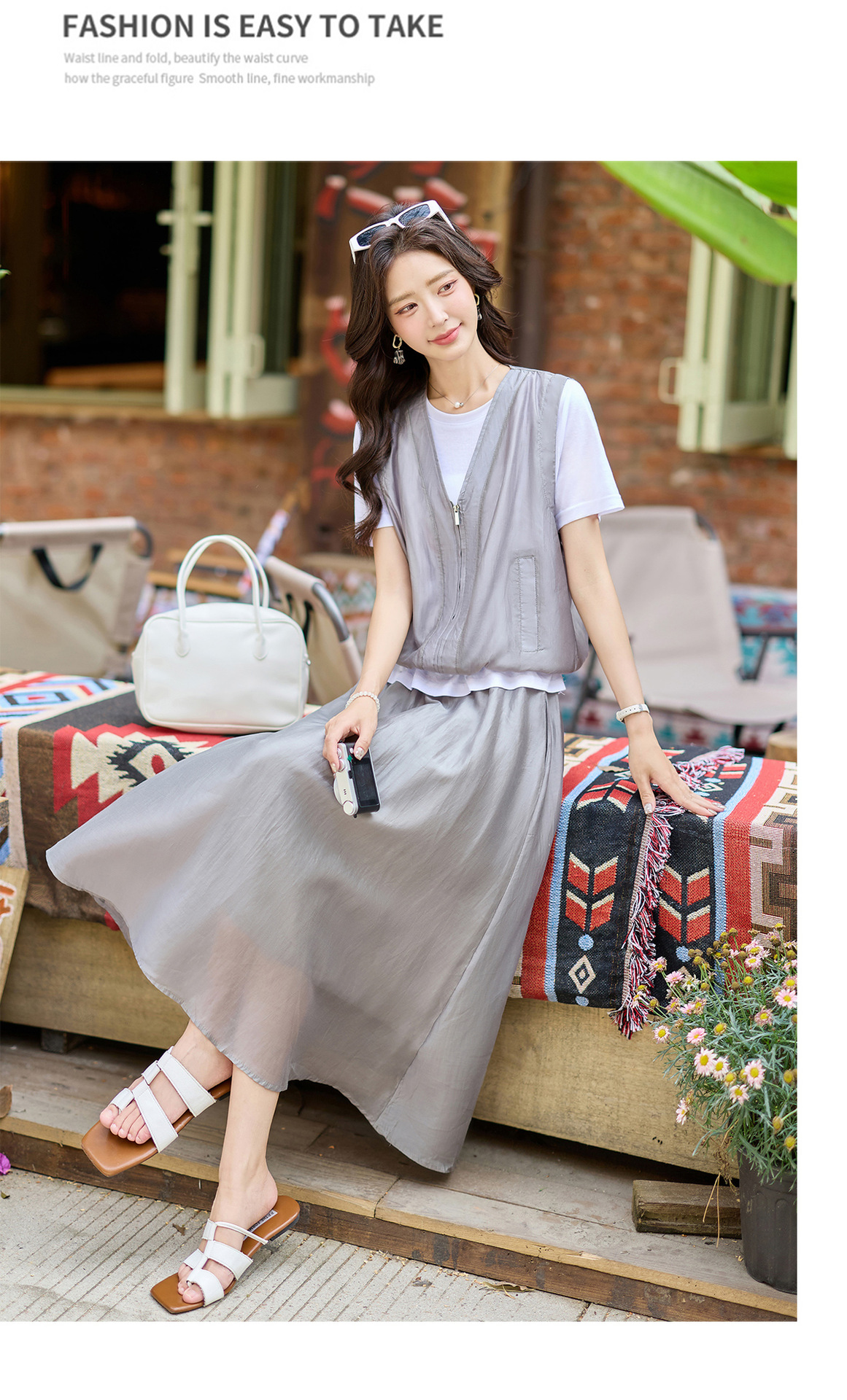Bộ hai mảnh áo phối ren và chân váy midi thanh lịch mùa hè — màu xám chi tiết 18