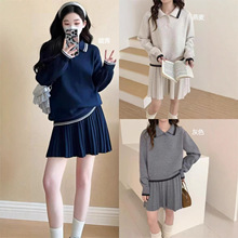韩版撞色学院风套装减龄长袖针织衫女秋季高腰显瘦百褶短裙两件套