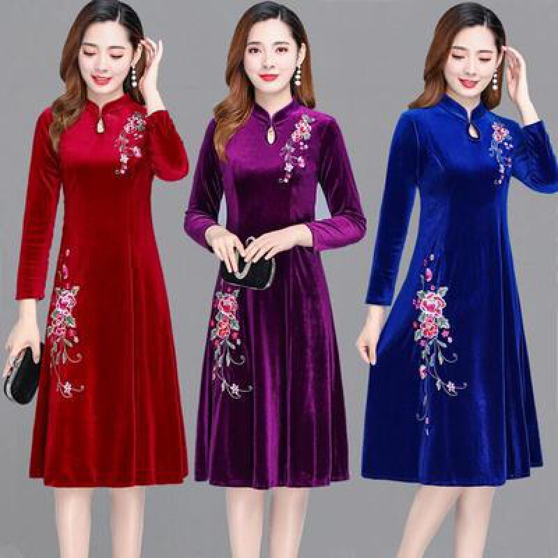 Autumn and Winter plus size women's clothing fat sister embroidered Western style dress slimming mom dress gold velvet cheongsam