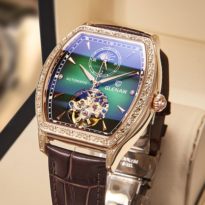 グレンの新作機械式腕時計、ムーンフェイズ、スケルトン、夜光、防水、樽型、メンズ-8168