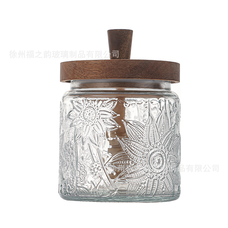 Frasco de almacenamiento de flores de begonia retro de acacia, tanque de miel, barra de agitación transparente con tapa, tanque de vidrio sellado de almacenamiento de cocina