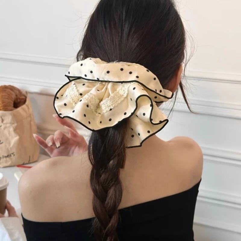 Black And White Polka Dot Satin Lace Pleated Scrunchie Elegant_voghion.com