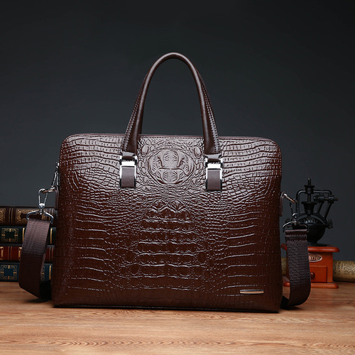 Cross-border men's bag business handbag horizontal crocodile pattern double zipper casual portable briefcase shoulder crossbody bag