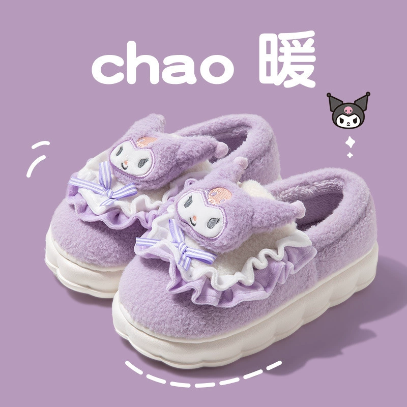 Кобрендовые хлопковые тапочки Sanrio IP, женские зимние милые домашние тапочки на толстой подошве, осенне-зимние меховые плюшевые тапочки на каблуке